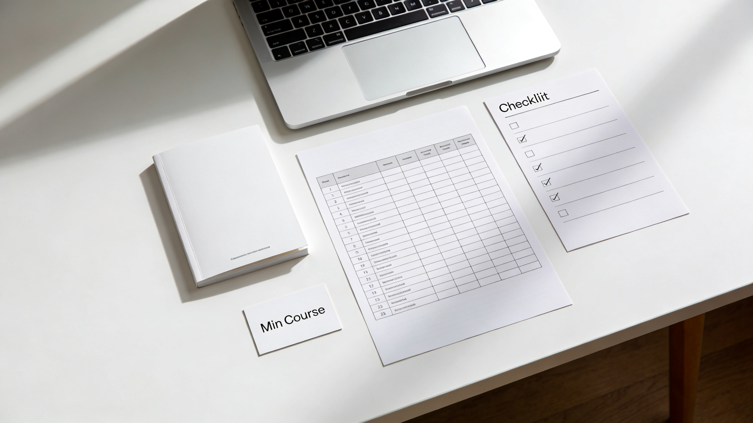 Digital product mockups on a clean desk — ebook, spreadsheet, checklist