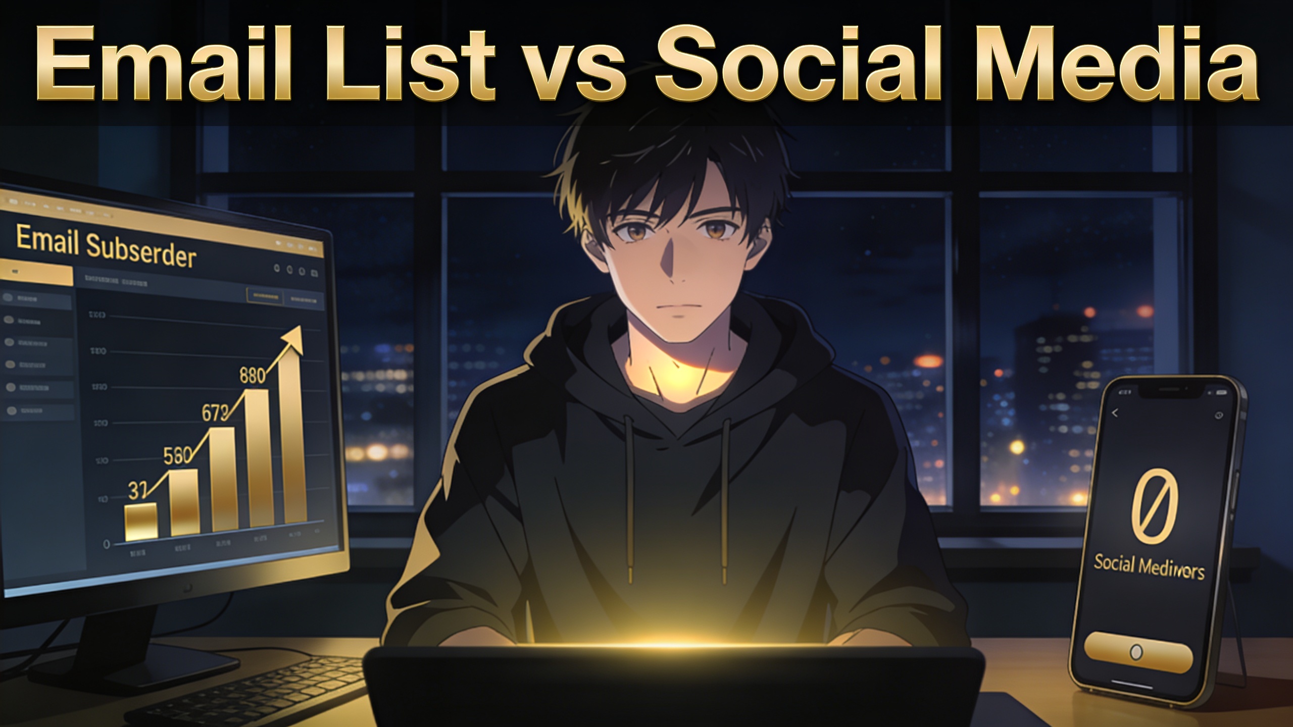 Anime character sitting at a dark desk at night, city lights through the window behind him, one monitor showing an email subscriber dashboard with growing numbers, another showing a phone with zero social media followers