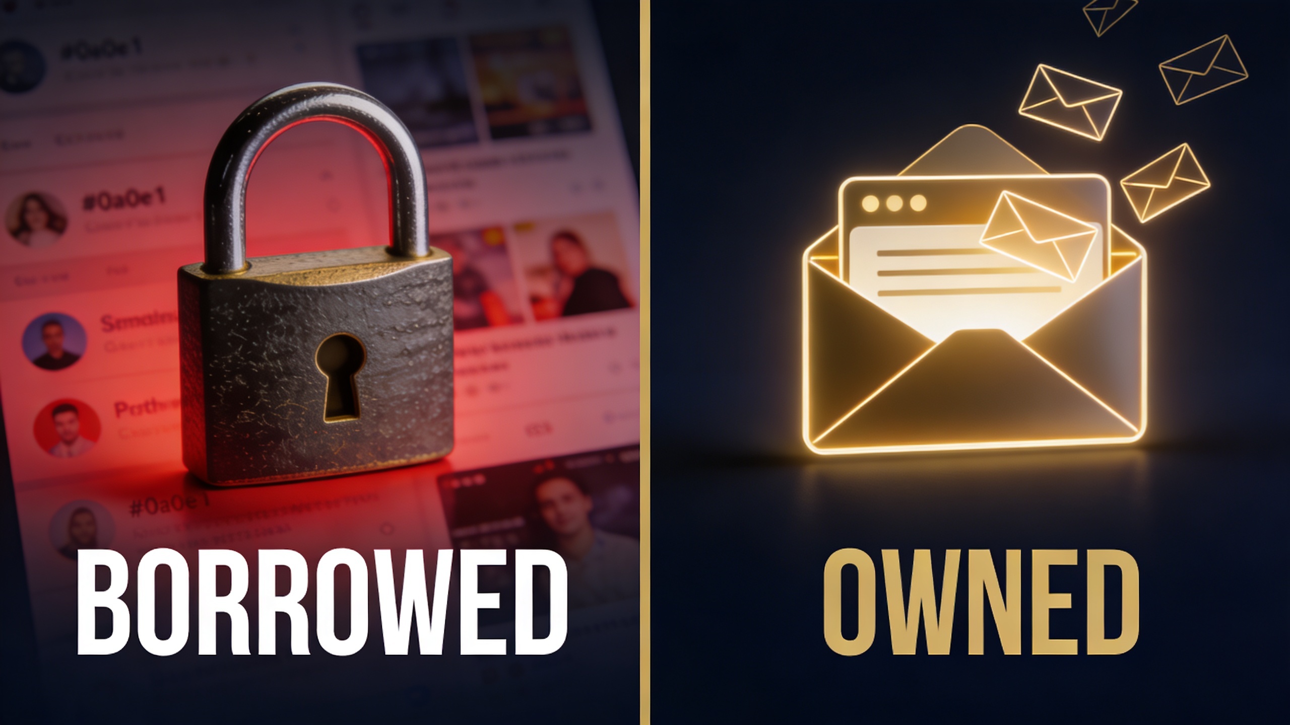 Split screen illustration with a locked padlock over a blurred social media feed on the left side labeled Borrowed, and an open email inbox with envelopes flowing freely on the right side labeled Owned, separated by a vertical gold dividing line