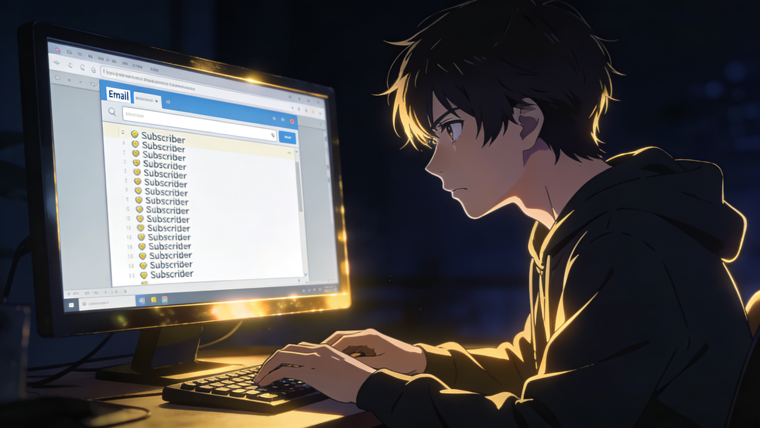 Anime character at his desk at night looking determined while typing on a keyboard, email compose window visible on his monitor screen, warm gold rim lighting on the side of his face against a dark navy background