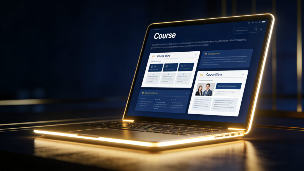 Laptop showing online course slides on dark navy background — building a passive income course without a camera