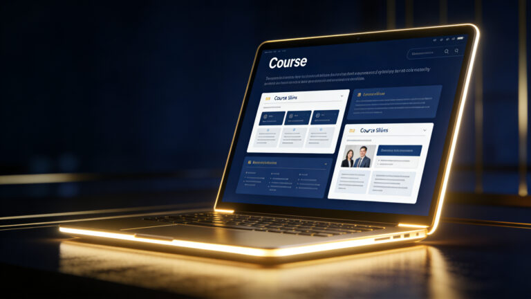 Laptop showing online course slides on dark navy background — building a passive income course without a camera