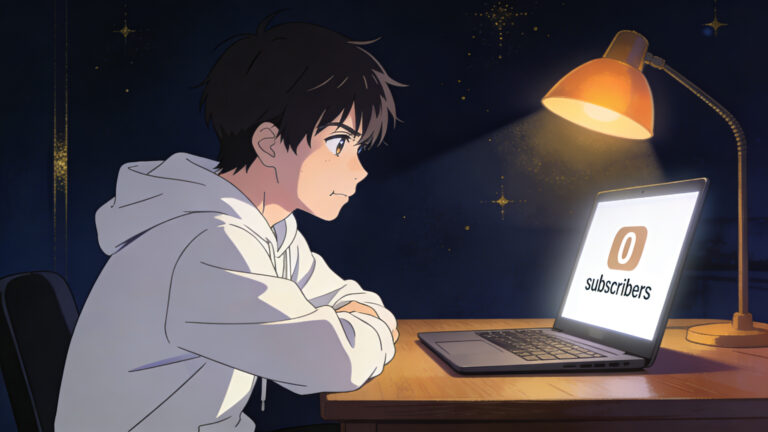 Anime character looking at laptop showing 0 subscribers
