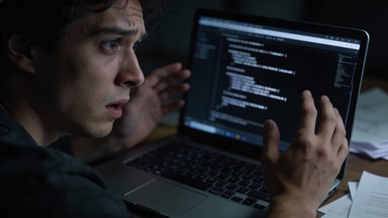 Frustrated person at laptop with Linux terminal on screen