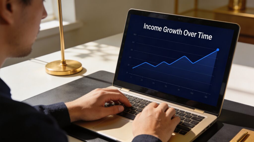 Person at laptop with income growth chart — how to make passive income with a blog