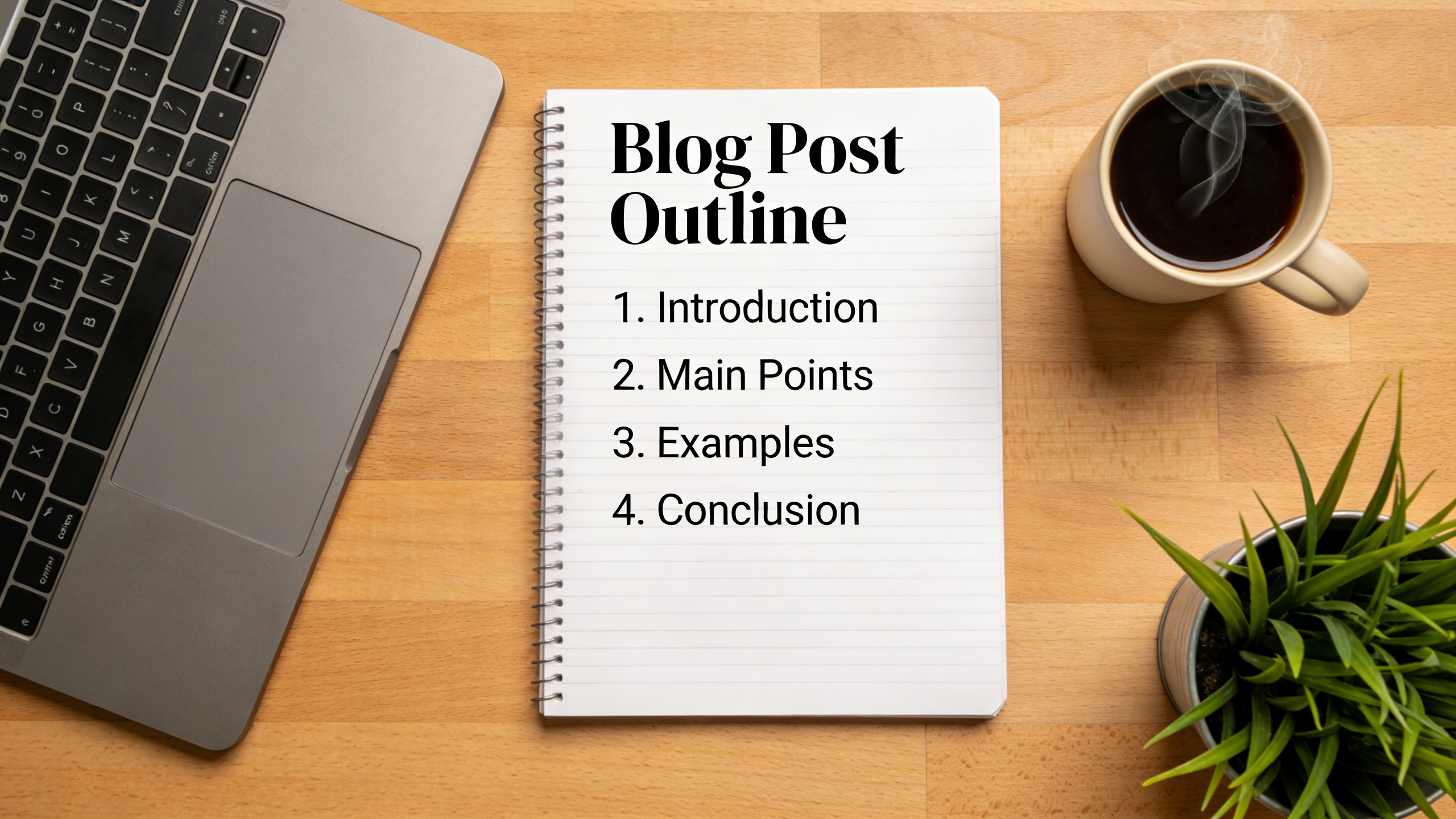 Blog post outline on notebook with laptop and coffee